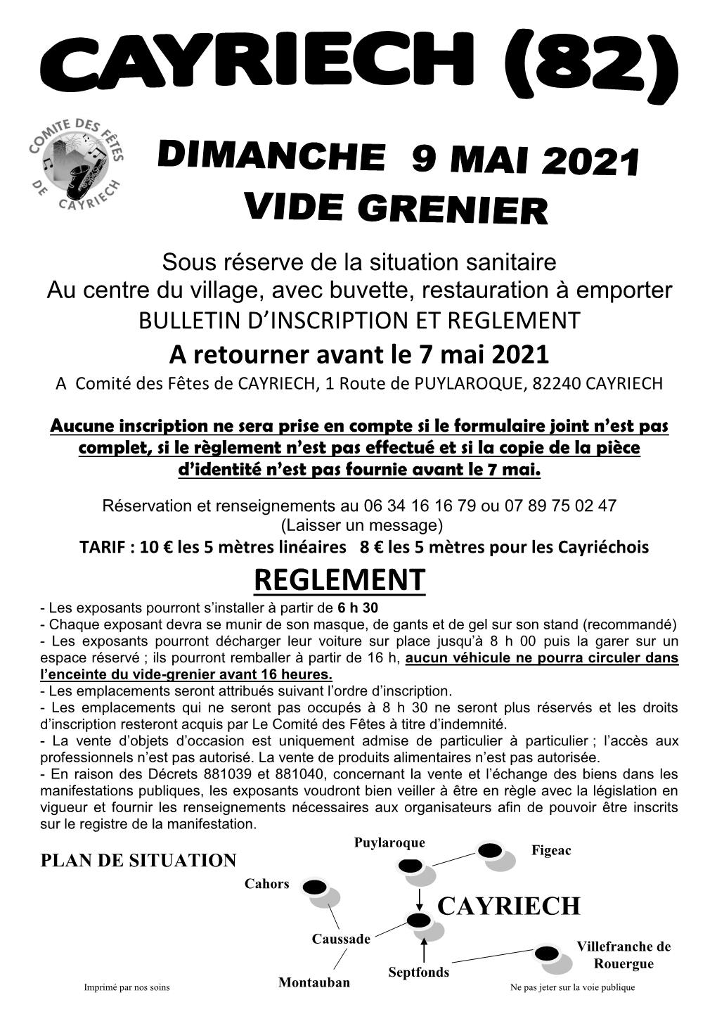 Formulaire D'inscription Mai 2021 Vide Grenier Cayriech