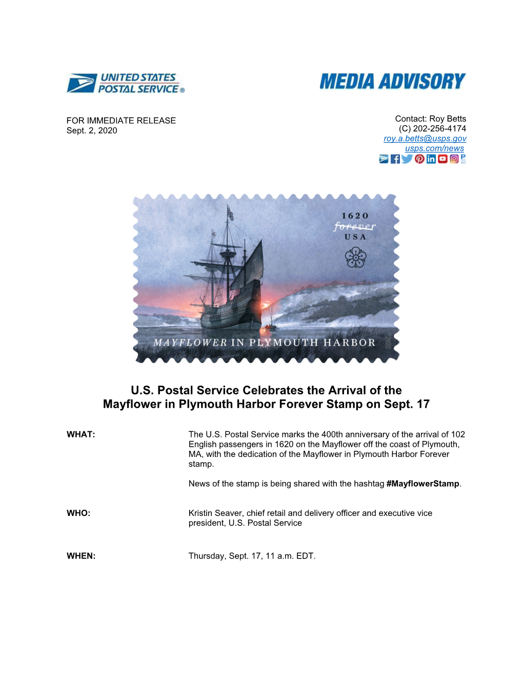 U.S. Postal Service Celebrates the Arrival of the Mayflower in Plymouth Harbor Forever Stamp on Sept