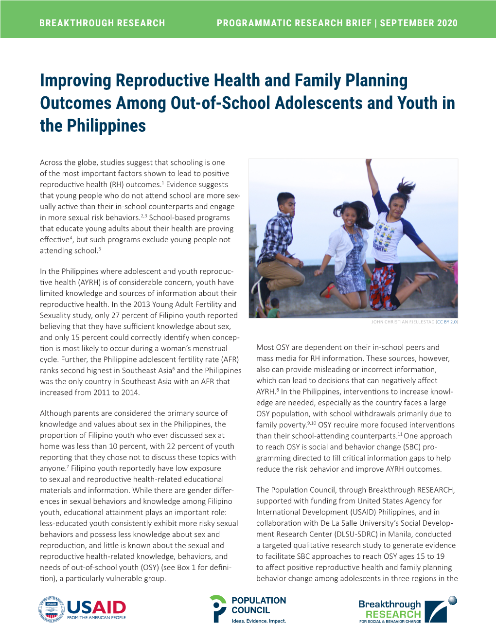 Improving Reproductive Health and Family Planning Outcomes Among Out-Of-School Adolescents and Youth in the Philippines