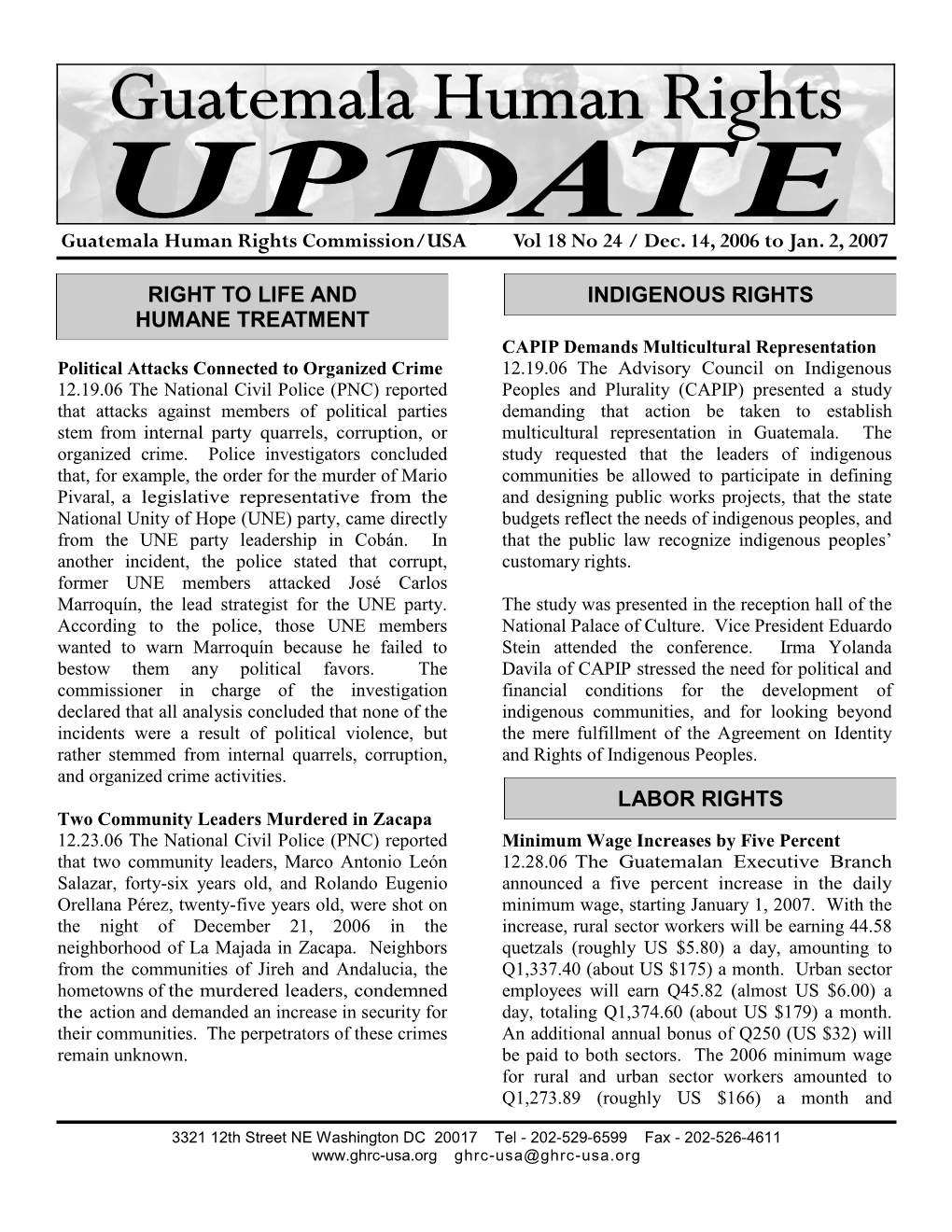 Guatemala Human Rights Commission/USA Vol 18 No 24 / Dec