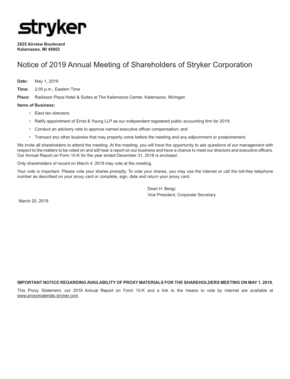 Notice of 2019 Annual Meeting of Shareholders of Stryker Corporation