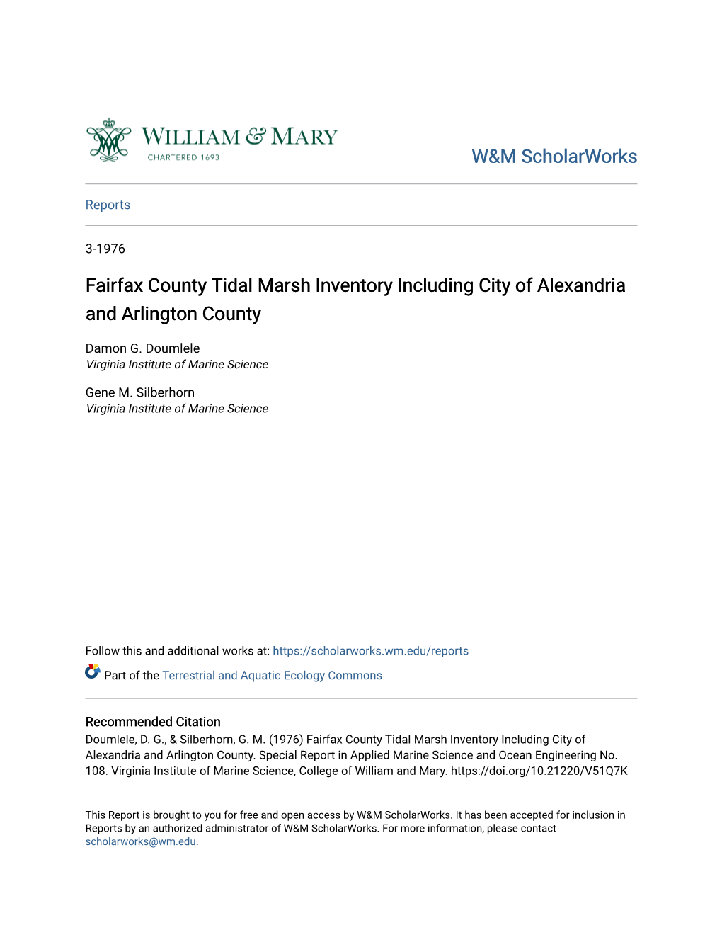 Fairfax County Tidal Marsh Inventory Including City of Alexandria and Arlington County