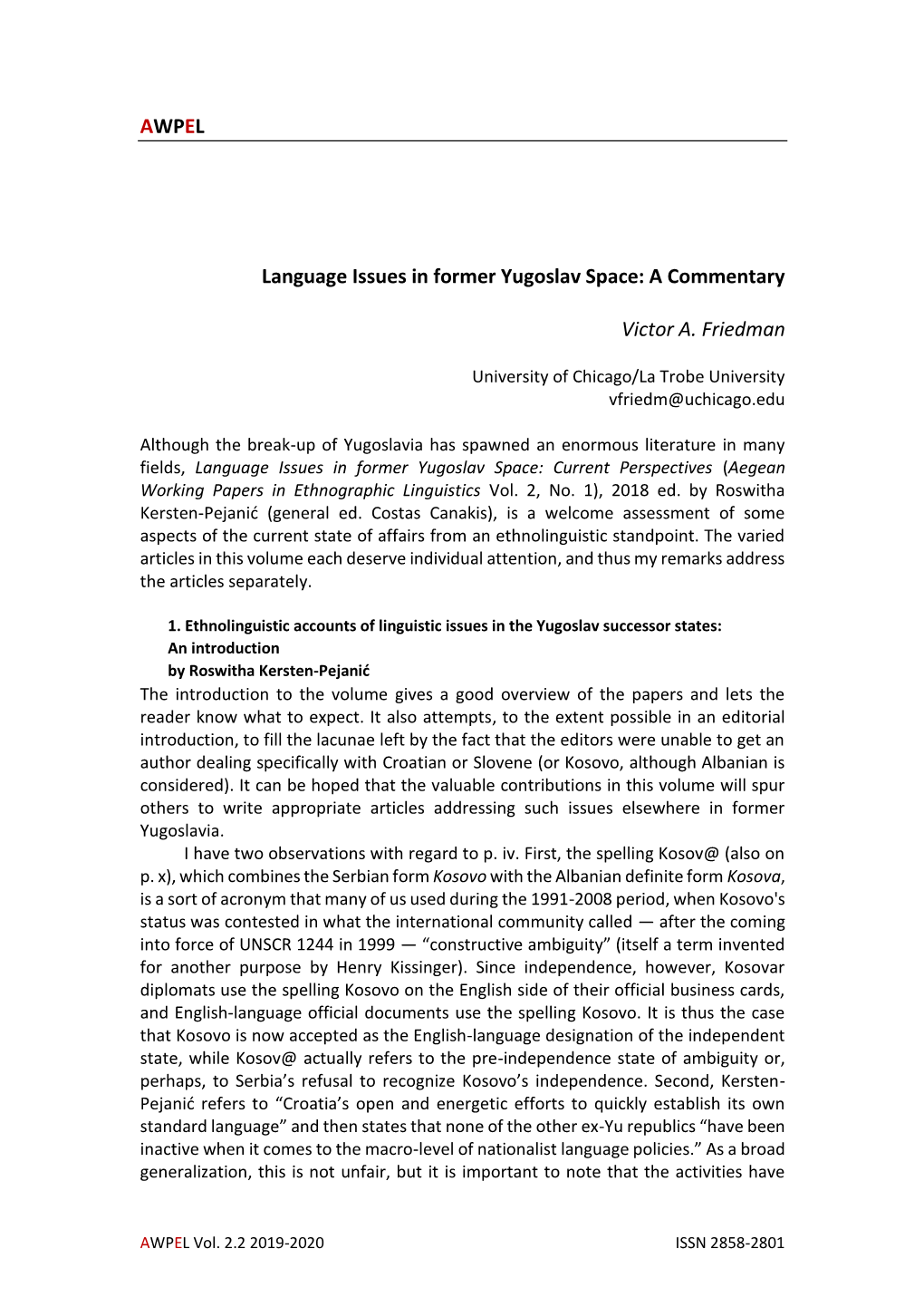 AWPEL Language Issues in Former Yugoslav Space: a Commentary