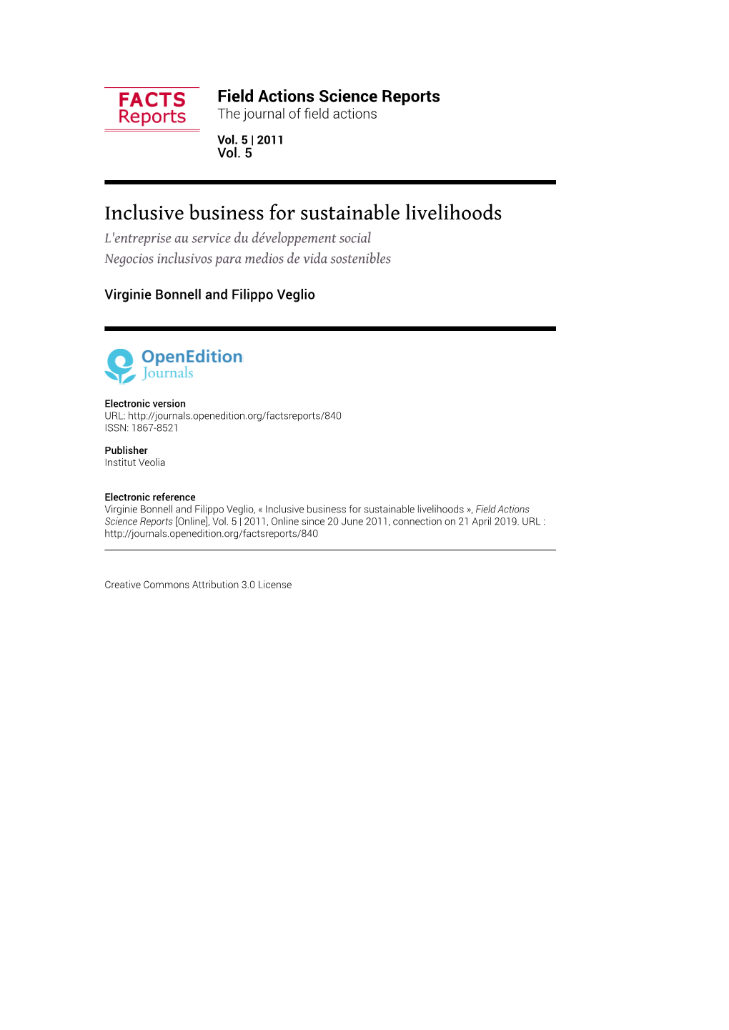 Inclusive Business for Sustainable Livelihoods L'entreprise Au Service Du Développement Social Negocios Inclusivos Para Medios De Vida Sostenibles