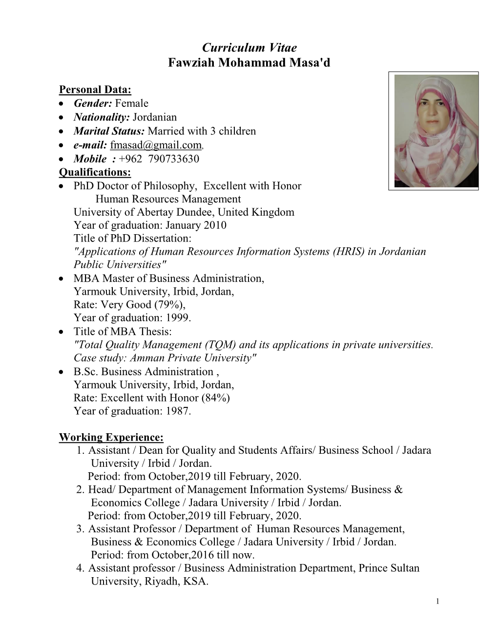 Curriculum Vitae Fawziah Mohammad Masa'd
