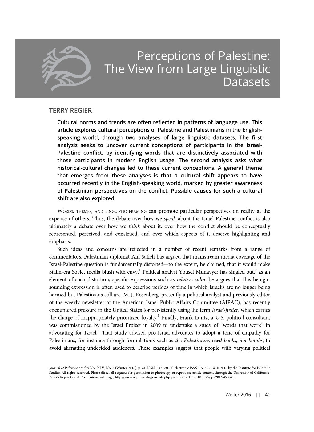 Perceptions of Palestine: the View from Large Linguistic Datasets