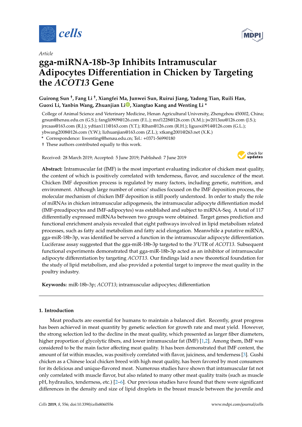 Gga-Mirna-18B-3P Inhibits Intramuscular Adipocytes Differentiation in Chicken by Targeting the ACOT13 Gene