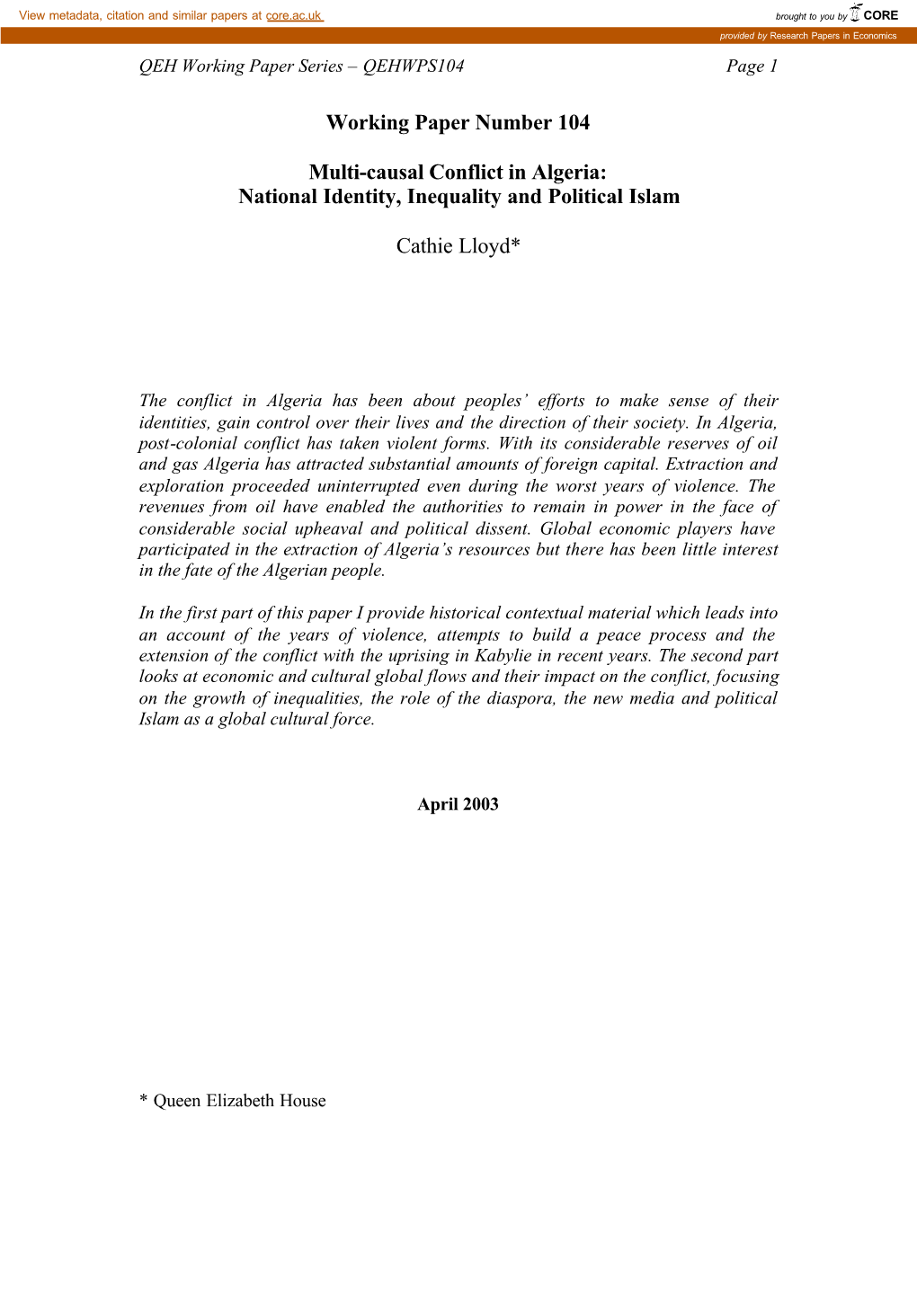 Working Paper Number 104 Multi-Causal Conflict in Algeria