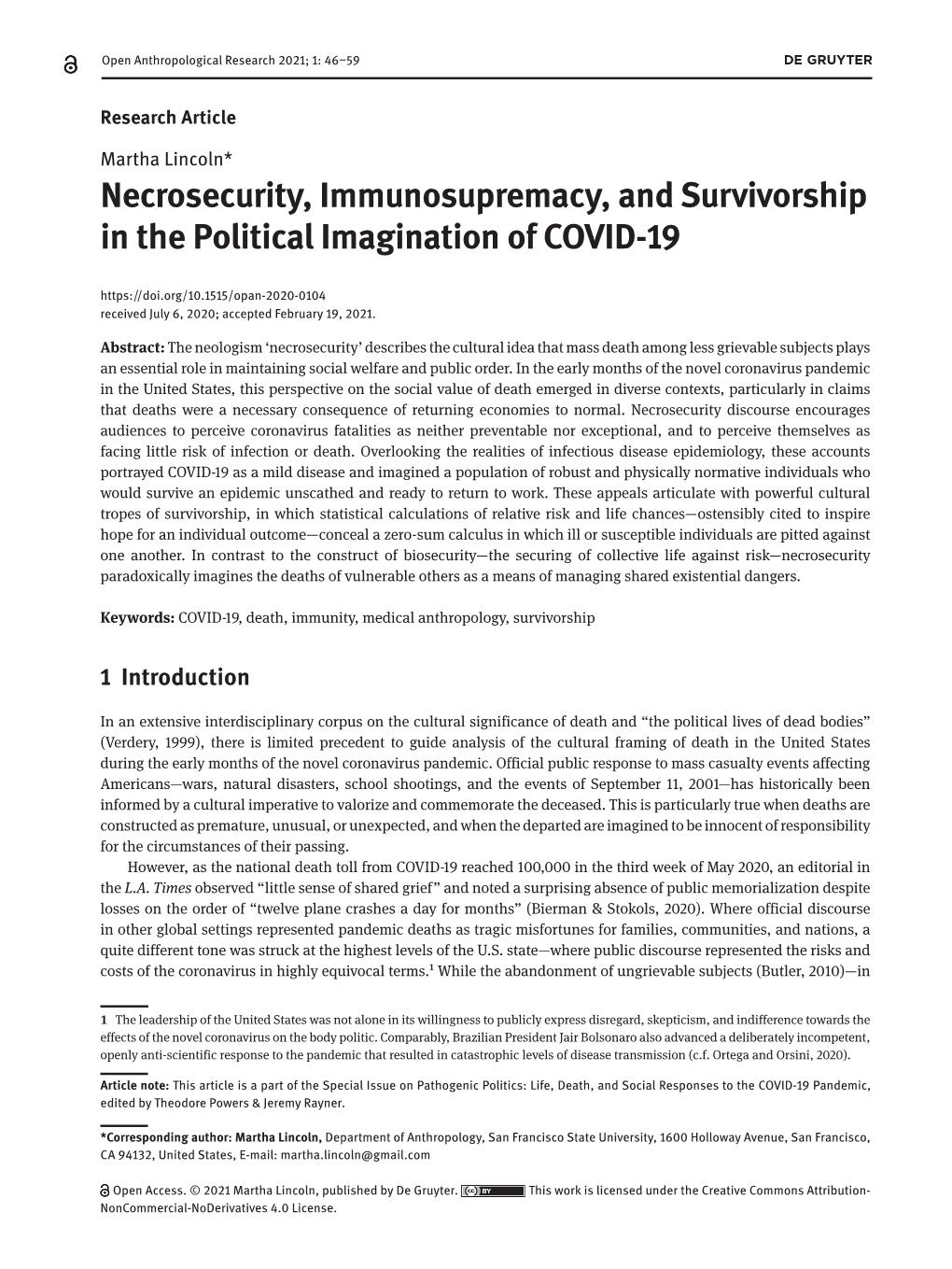 Necrosecurity, Immunosupremacy, and Survivorship in the Political