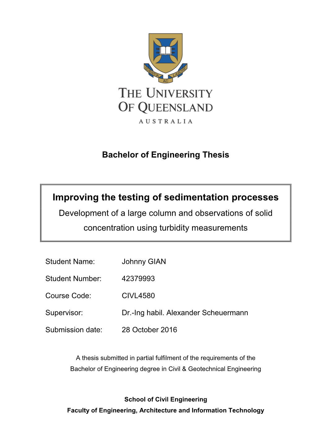 Improving the Testing of Sedimentation Processes Development of a Large Column and Observations of Solid Concentration Using Turbidity Measurements