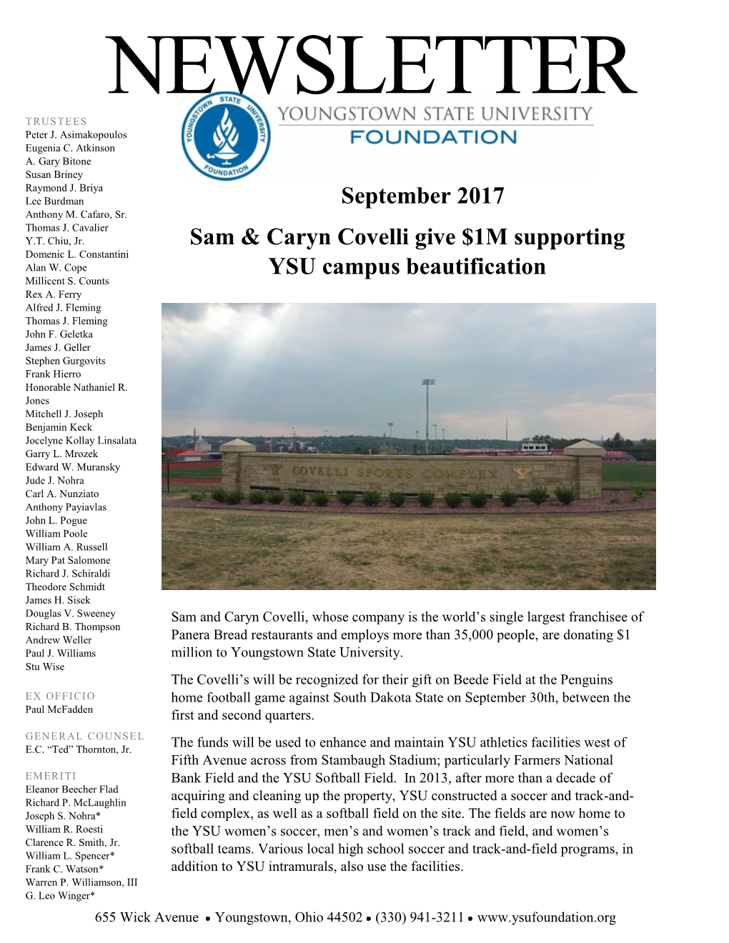 September 2017 Sam & Caryn Covelli Give $1M Supporting YSU Campus Beautification