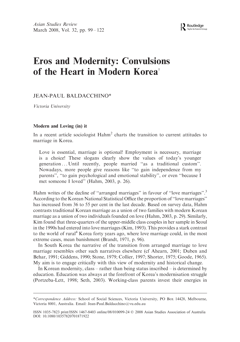 Eros and Modernity: Convulsions of the Heart in Modern Korea1