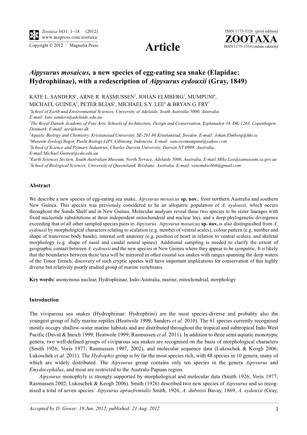 Aipysurus Mosaicus, a New Species of Egg-Eating Sea Snake (Elapidae: Hydrophiinae), with a Redescription of Aipysurus Eydouxii (Gray, 1849)