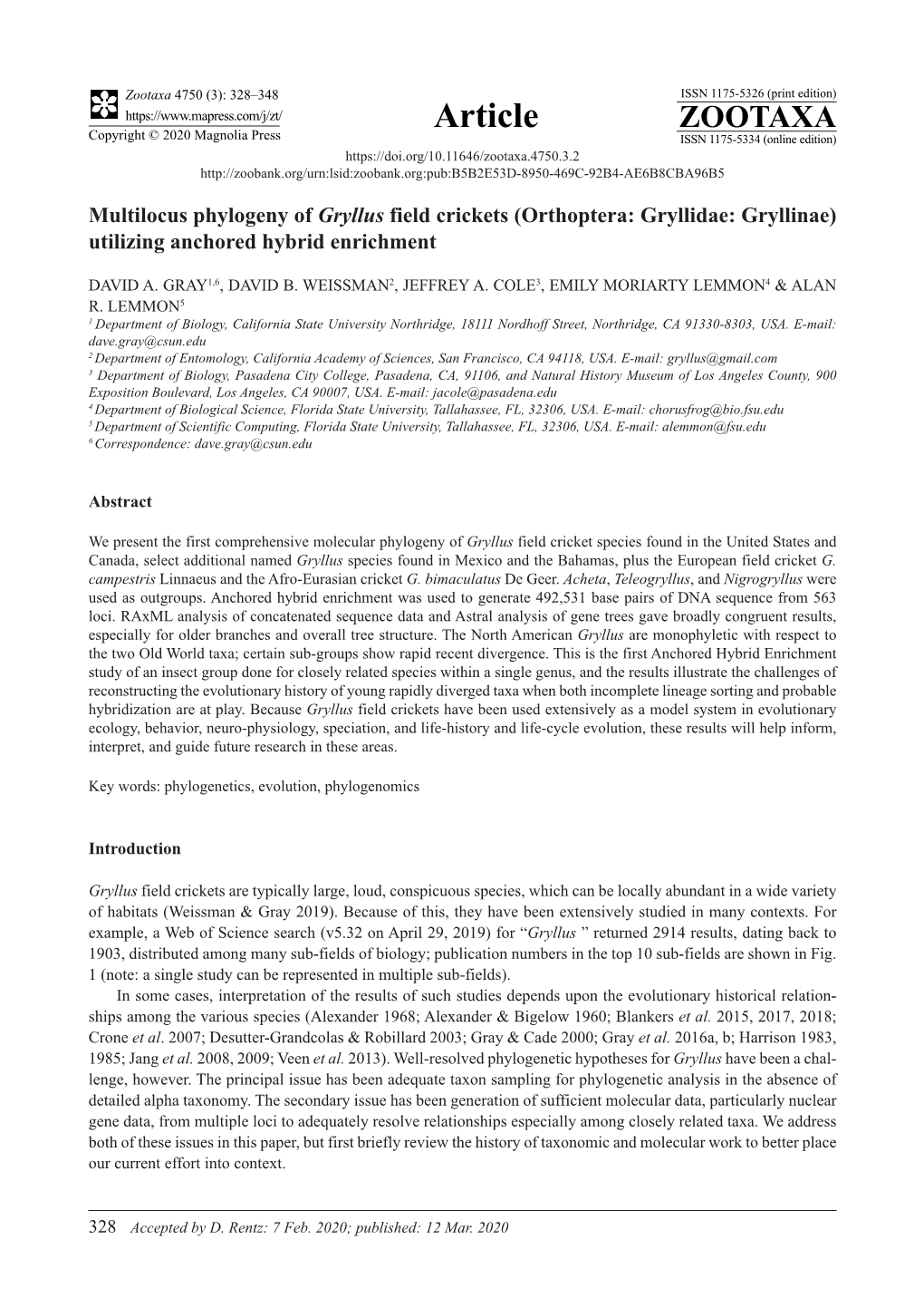 Multilocus Phylogeny of Gryllus Field Crickets (Orthoptera: Gryllidae: Gryllinae) Utilizing Anchored Hybrid Enrichment