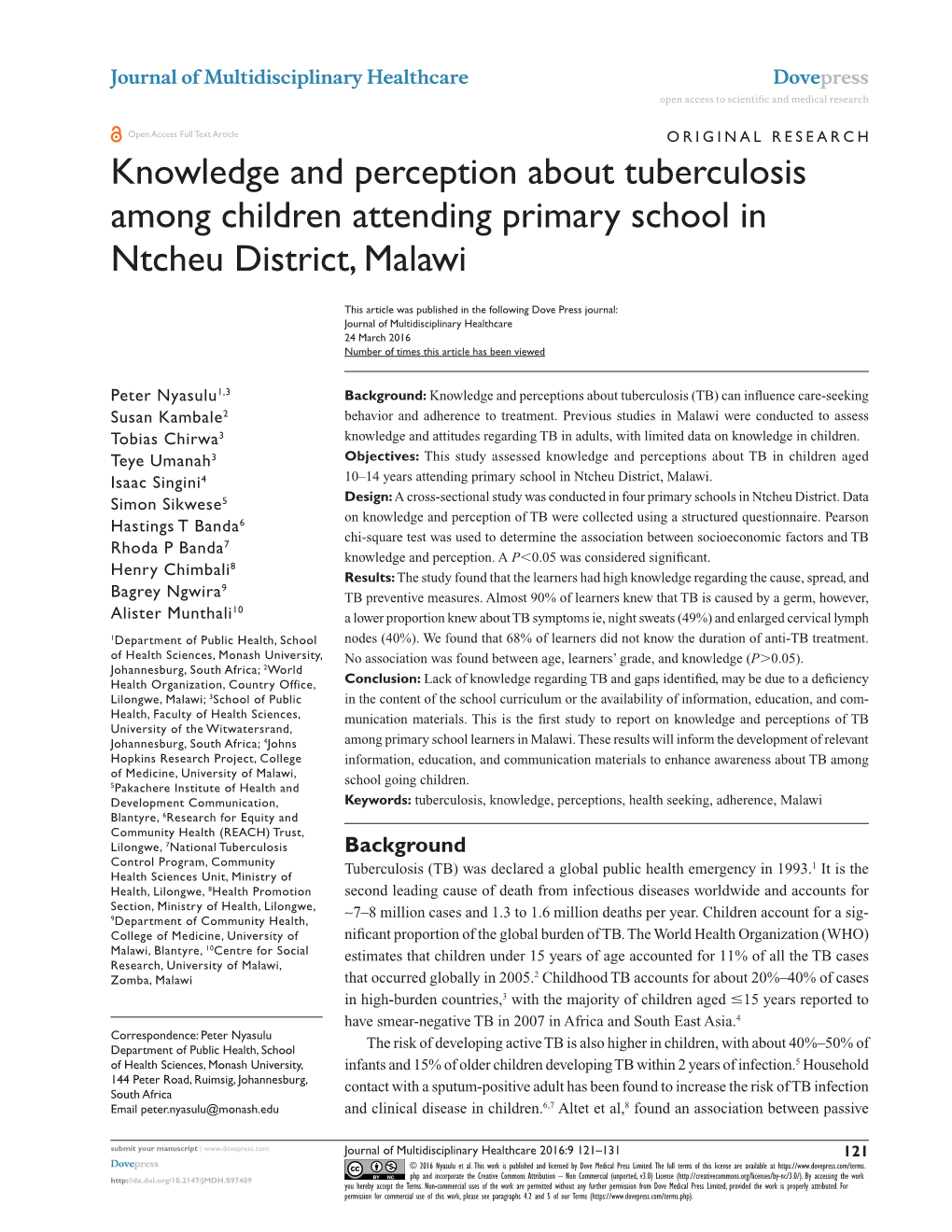 Knowledge and Perception About Tuberculosis Among Children Attending Primary School in Ntcheu District, Malawi
