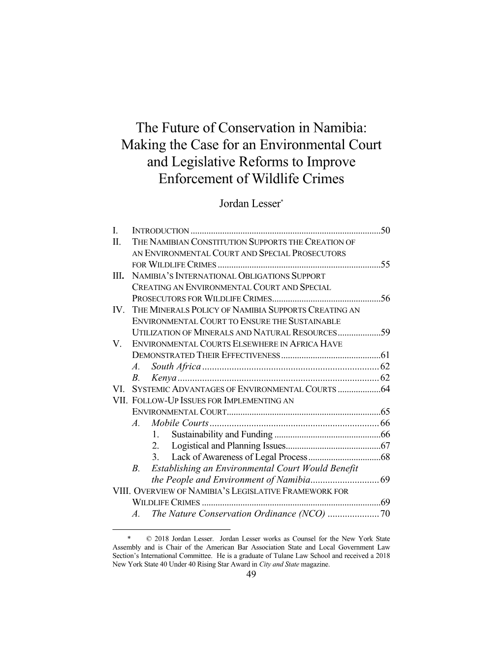 The Future of Conservation in Namibia: Making the Case for an Environmental Court and Legislative Reforms to Improve Enforcement of Wildlife Crimes