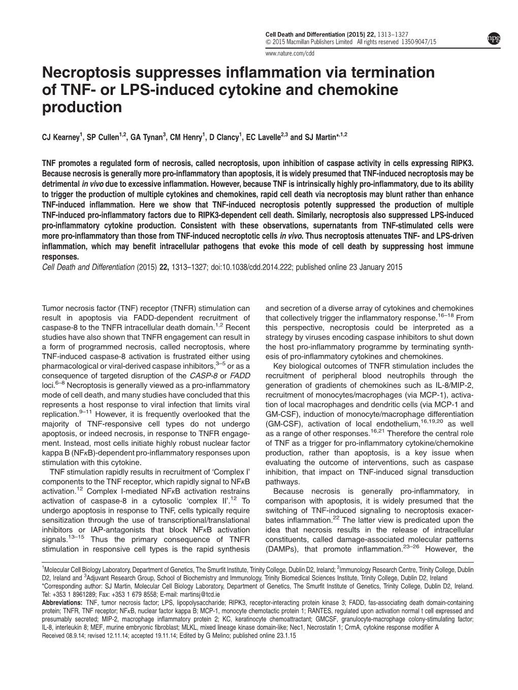 Necroptosis Suppresses Inflammation Via Termination of TNF- Or LPS-Induced Cytokine and Chemokine Production