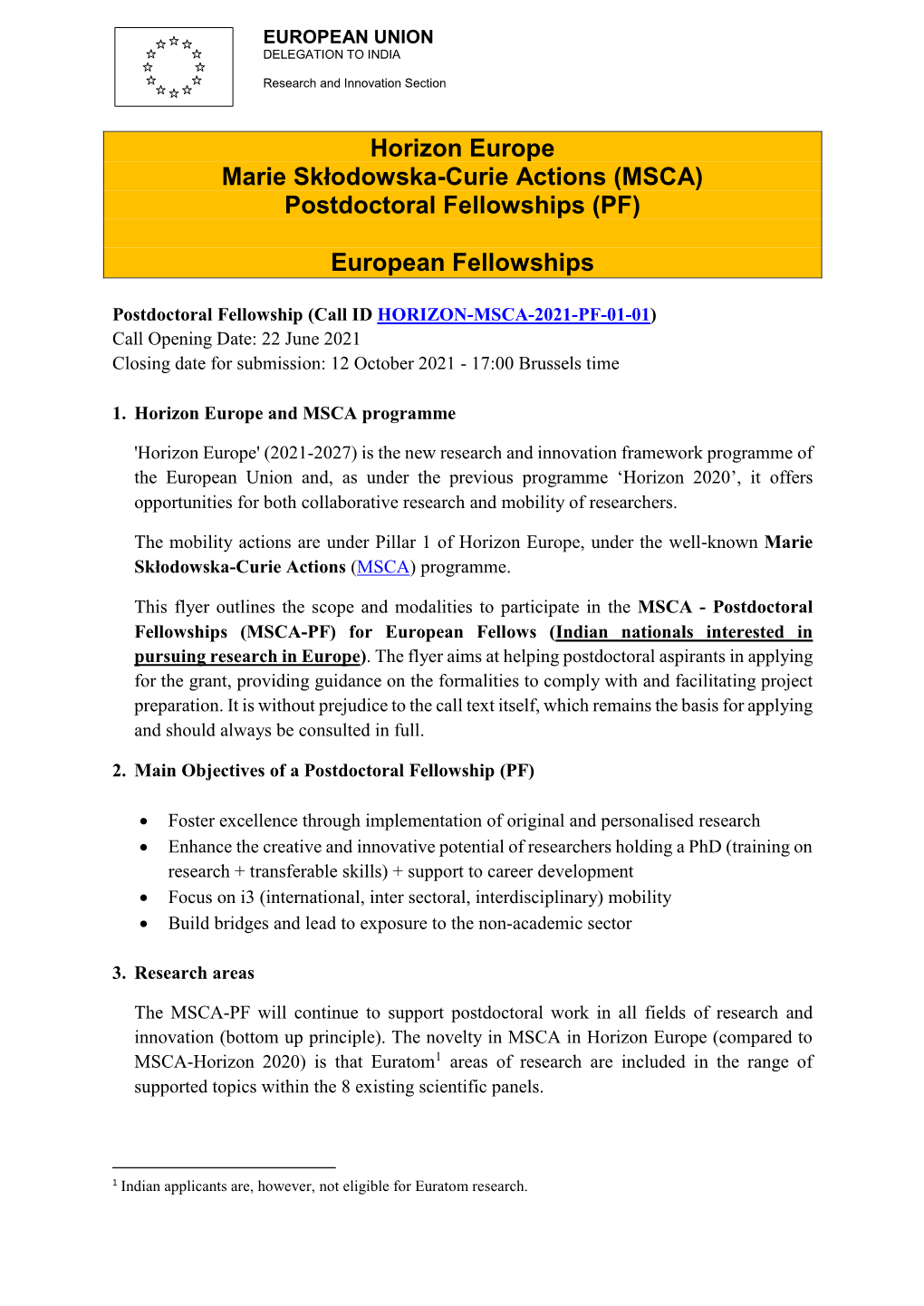 MSCA) Postdoctoral Fellowships (PF