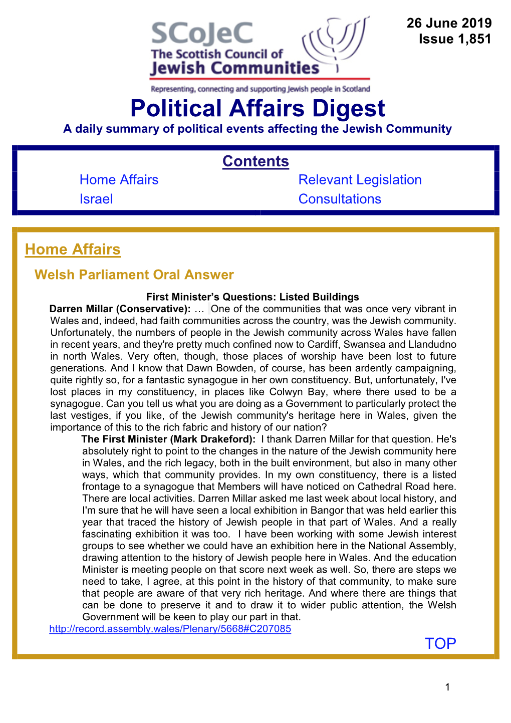 Political Affairs Digest a Daily Summary of Political Events Affecting the Jewish Community