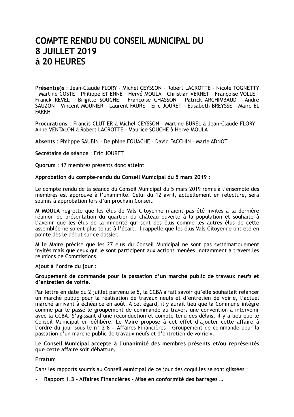 Compte Rendu Du Conseil Municipal Du 8 Juillet 2019 À 20 Heures