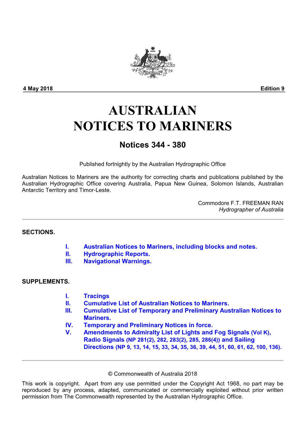 AUSTRALIAN NOTICES to MARINERS Notices 344 - 380