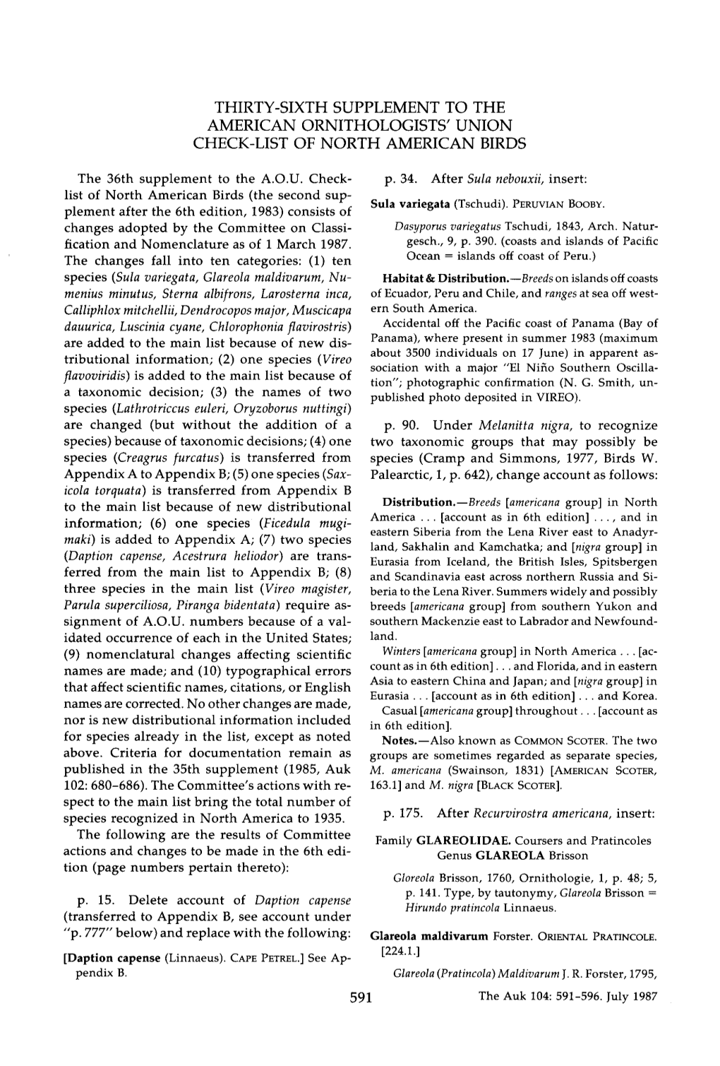 Thirty-Sixth Supplement to the American Ornithologists' Union Check-List of North American Birds