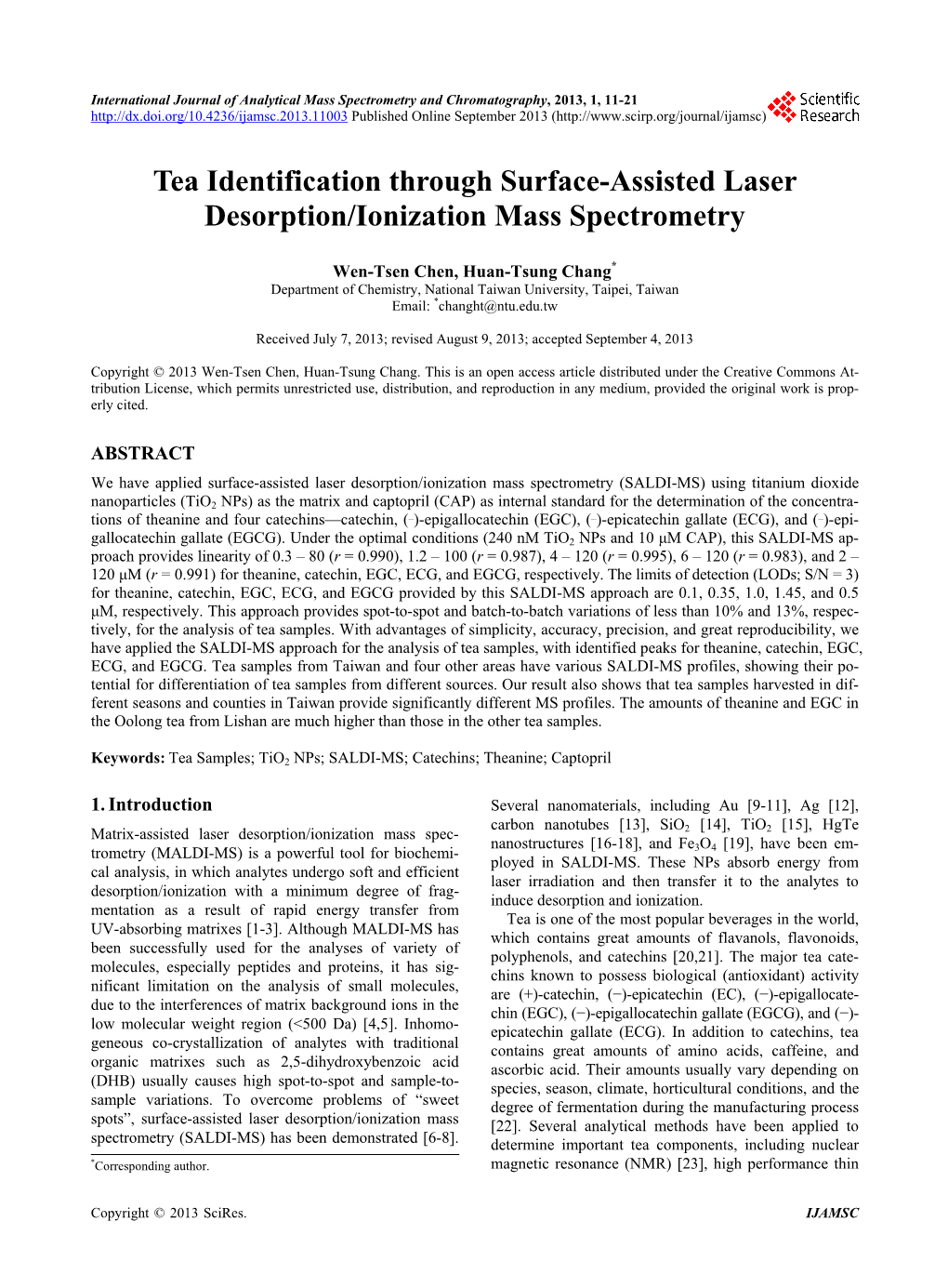 Tea Identification Through Surface-Assisted Laser Desorption/Ionization Mass Spectrometry