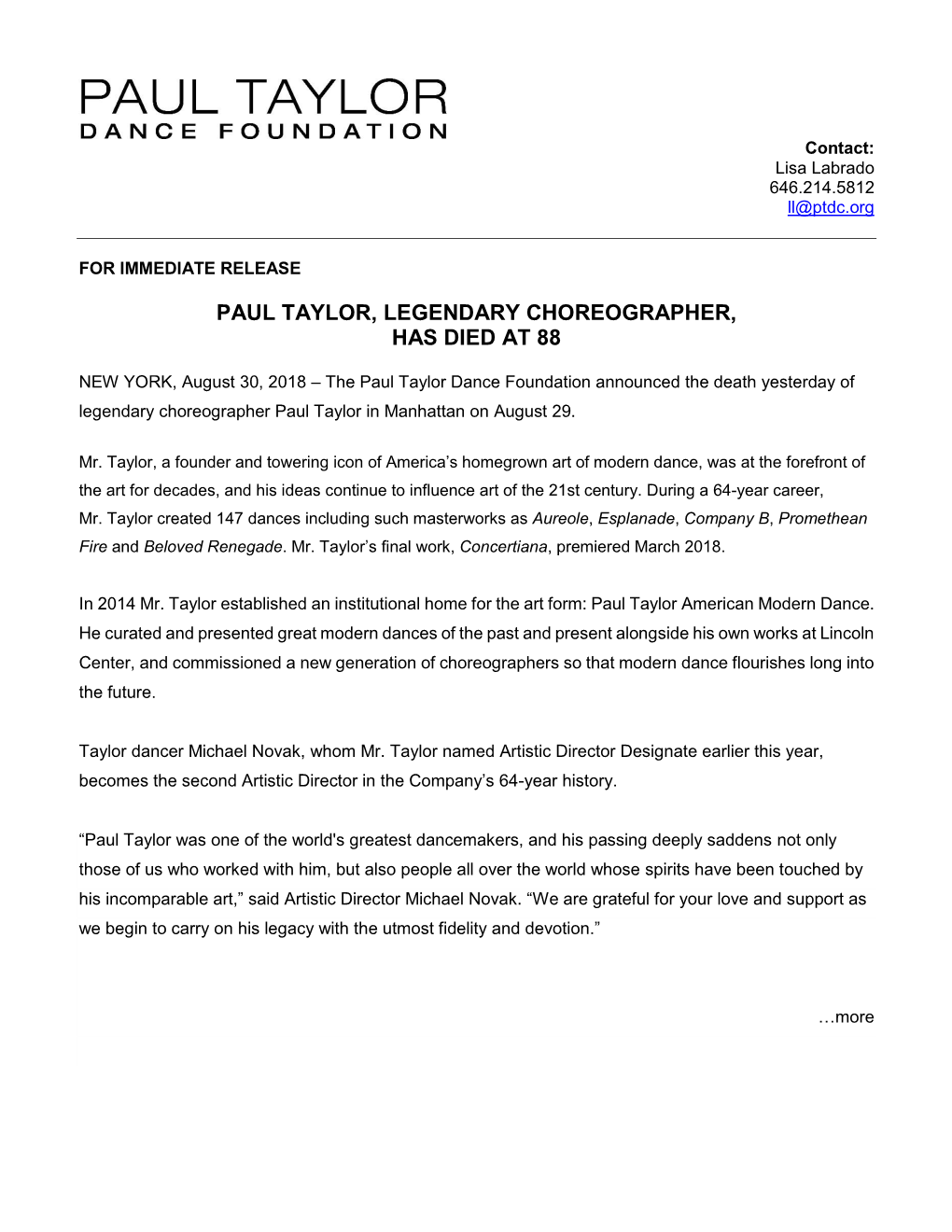 Paul Taylor, Legendary Choreographer, Has Died at 88