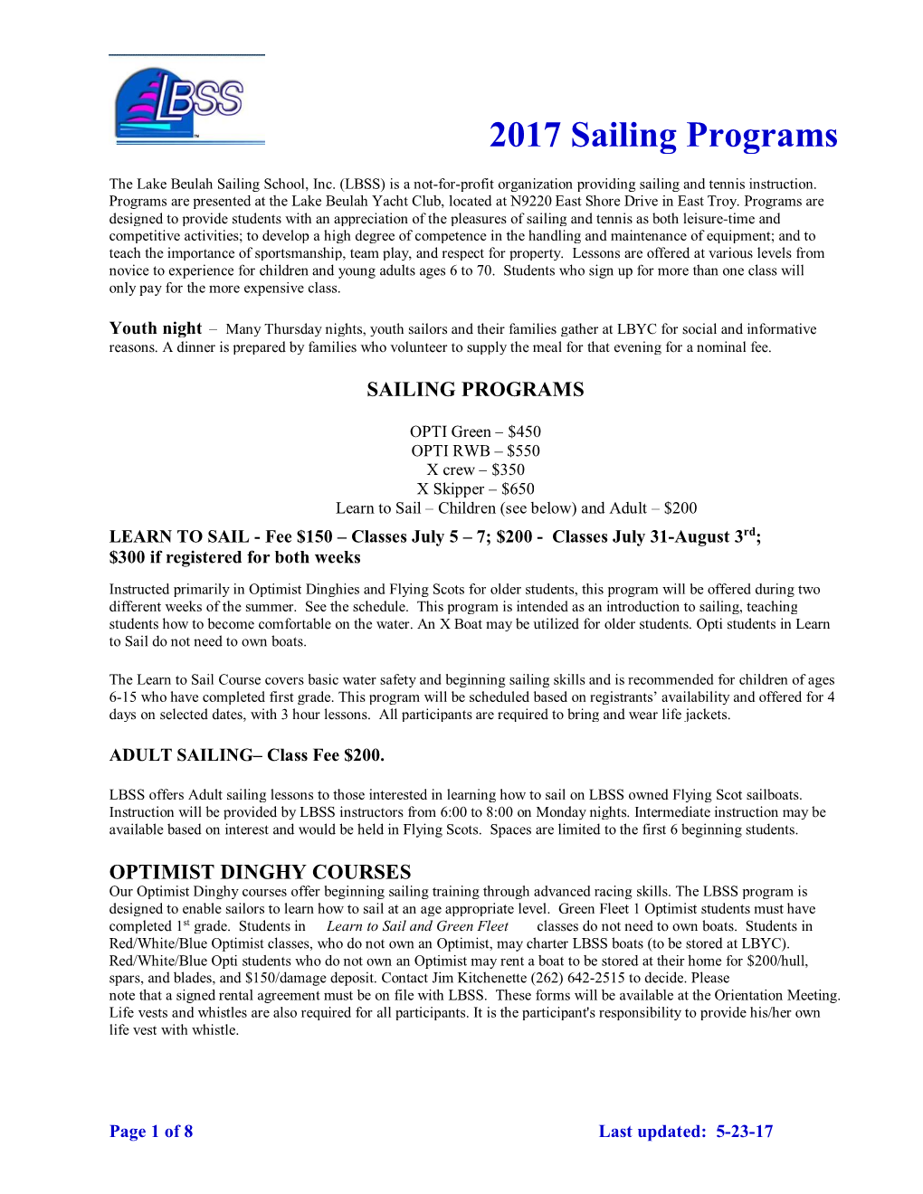 2017 Sailing Programs