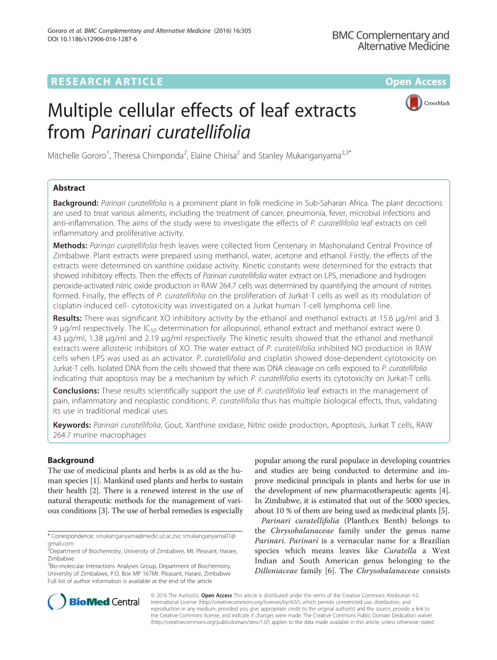 Multiple Cellular Effects of Leaf Extracts from Parinari Curatellifolia Mitchelle Gororo1, Theresa Chimponda2, Elaine Chirisa2 and Stanley Mukanganyama2,3*