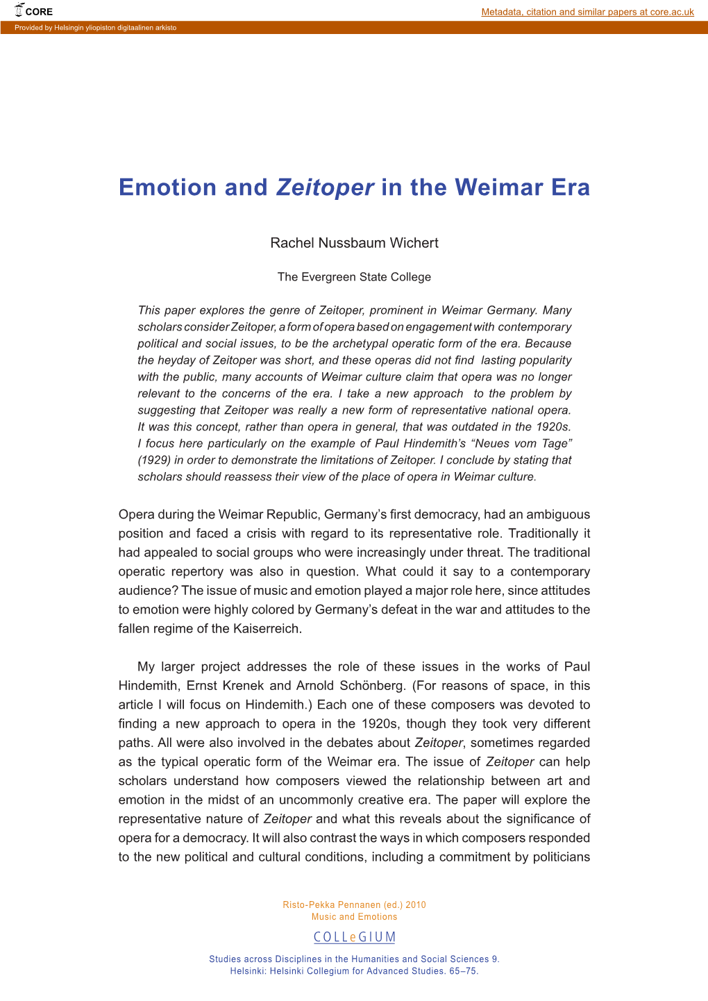 Emotion and Zeitoper in the Weimar Era
