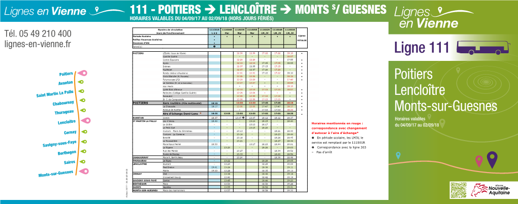 111 - Poitiers  Lencloître  Monts S/ Guesnes Horaires Valables Du 04/09/17 Au 02/09/18 (Hors Jours Fériés)