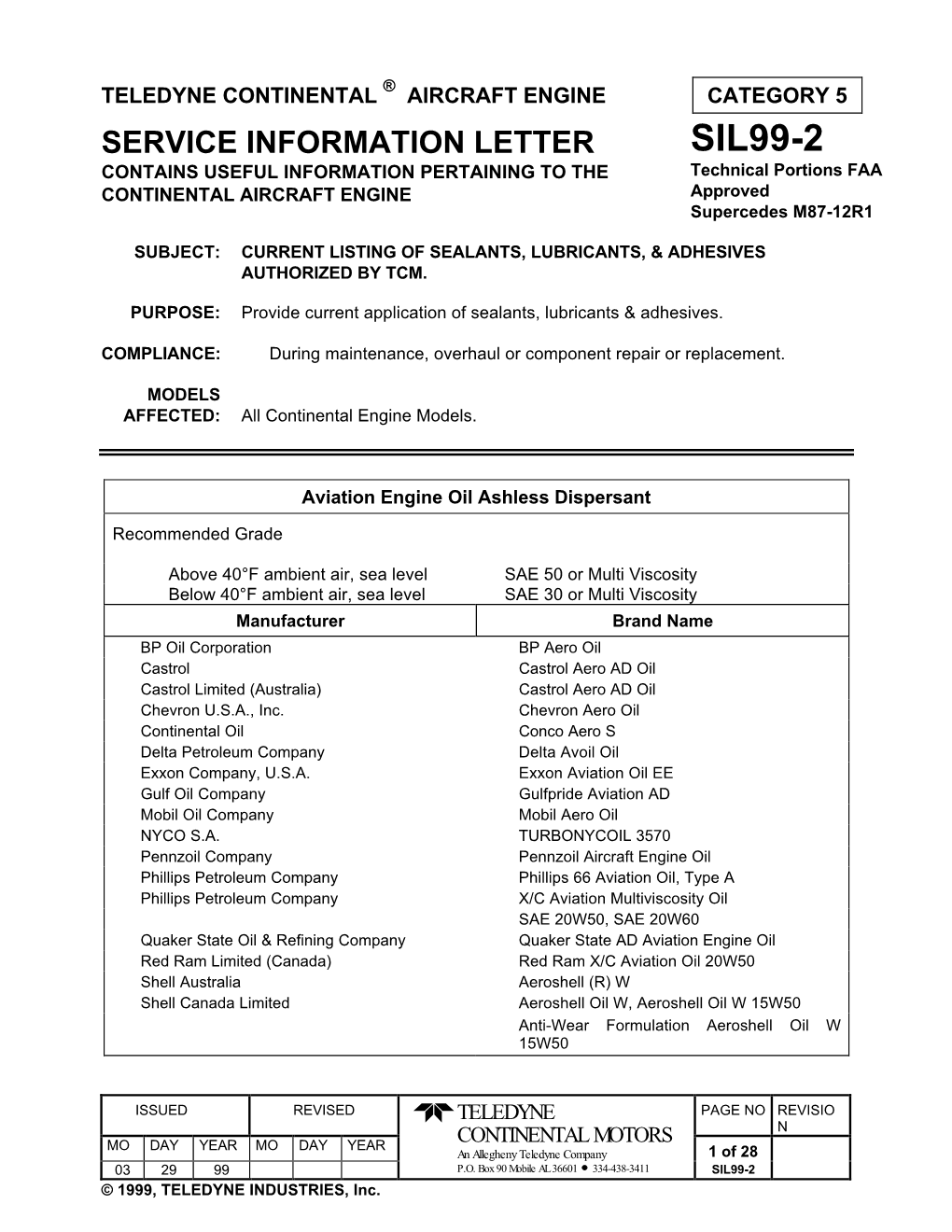 SIL99-2 CONTAINS USEFUL INFORMATION PERTAINING to the Technical Portions FAA CONTINENTAL AIRCRAFT ENGINE Approved Supercedes M87-12R1