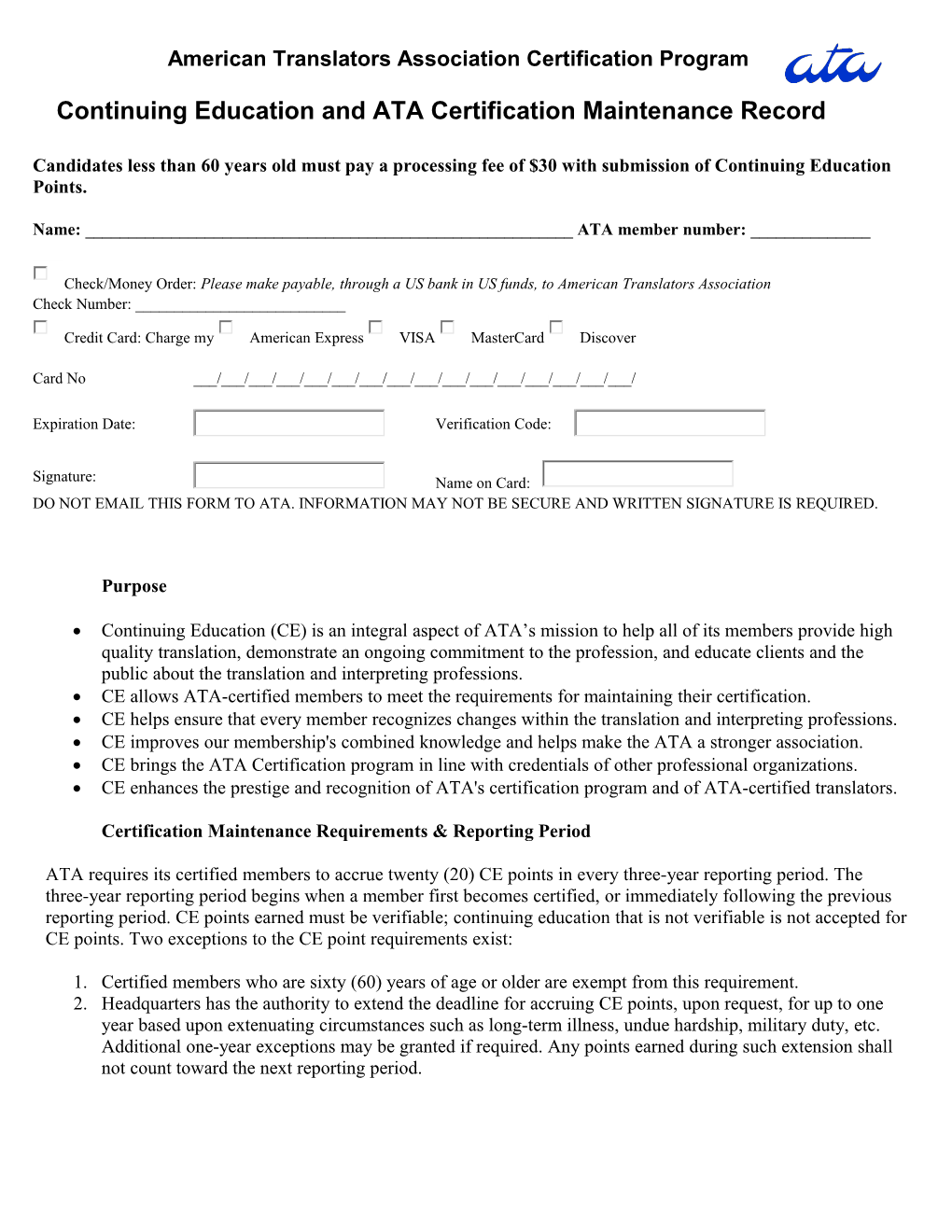 Continuing Education Points Record