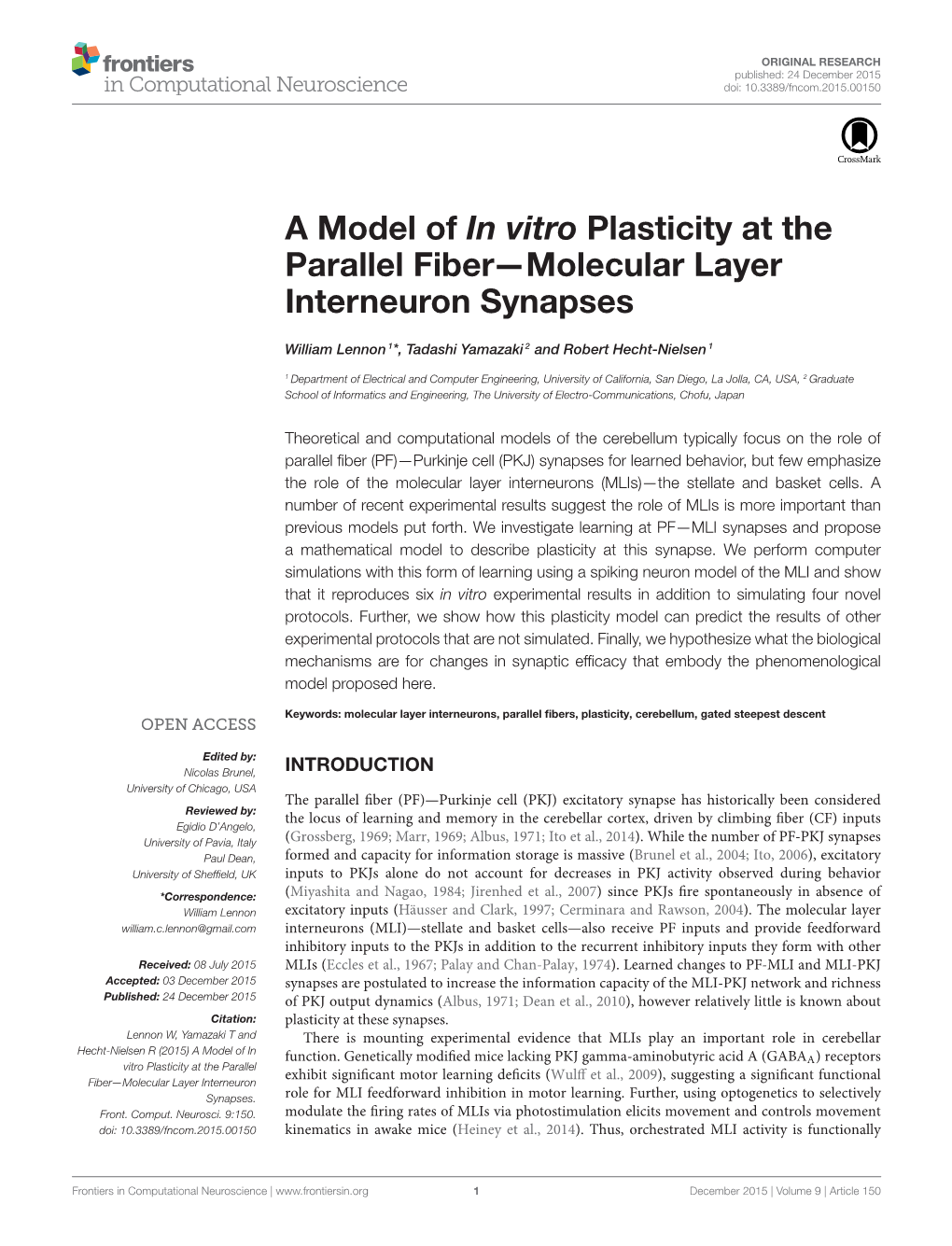 A Model of in Vitro Plasticity at the Parallel Fiber—Molecular Layer Interneuron Synapses