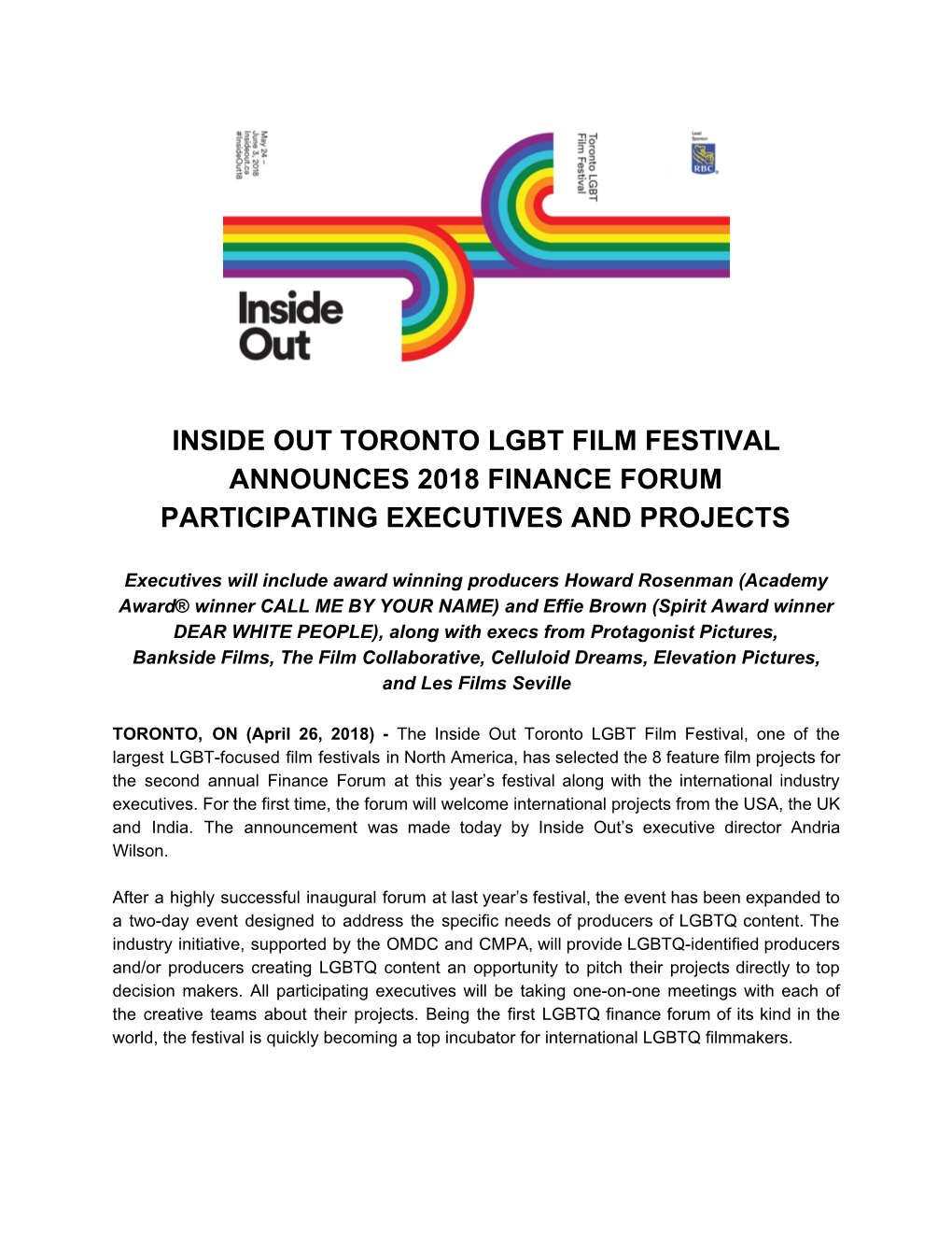 Inside out Toronto Lgbt Film Festival Announces 2018 Finance Forum Participating Executives and Projects