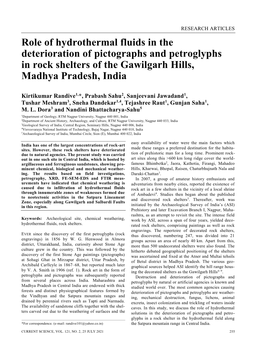 Role of Hydrothermal Fluids in the Deterioration of Pictographs and Petroglyphs in Rock Shelters of the Gawilgarh Hills, Madhya Pradesh, India