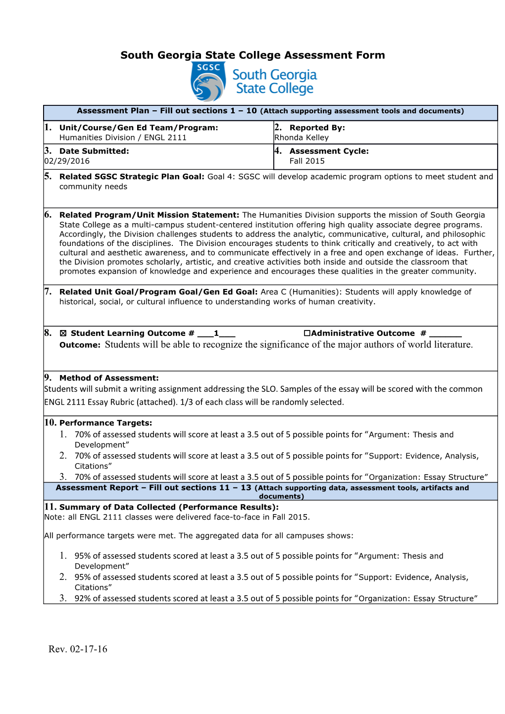 South Georgia State College Assessment Form