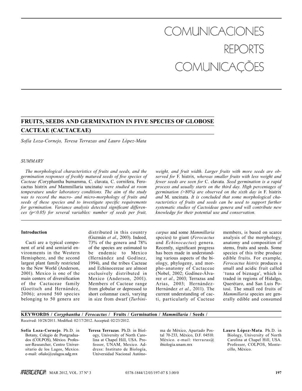 Fruits, Seeds and Germination in Five Species of Globose Cacteae (Cactaceae)