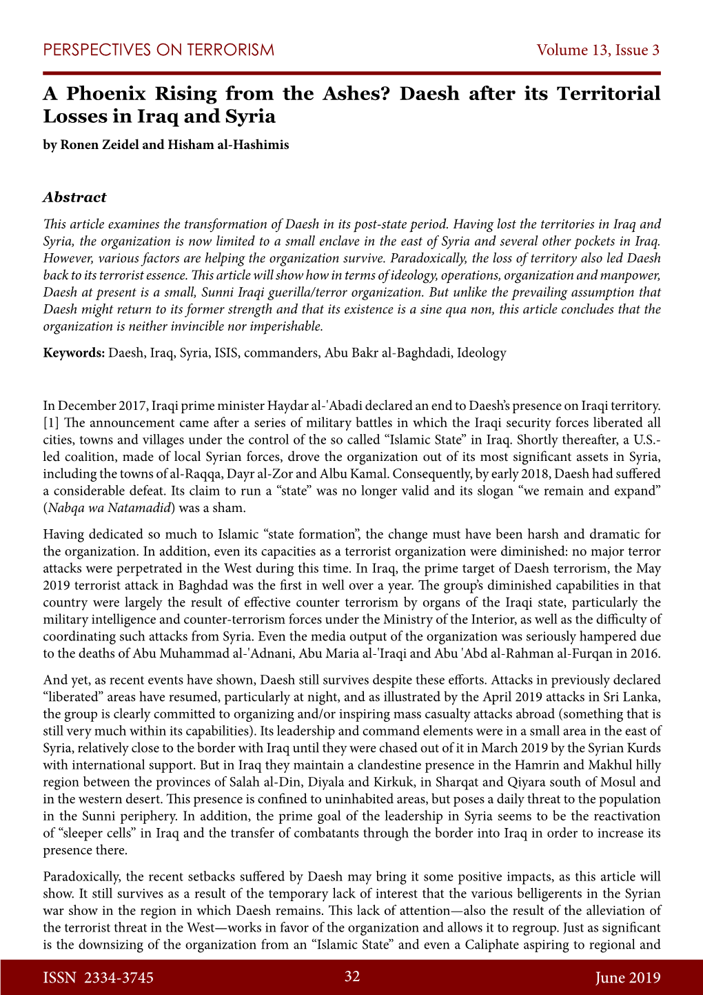 A Phoenix Rising from the Ashes? Daesh After Its Territorial Losses in Iraq and Syria by Ronen Zeidel and Hisham Al-Hashimis