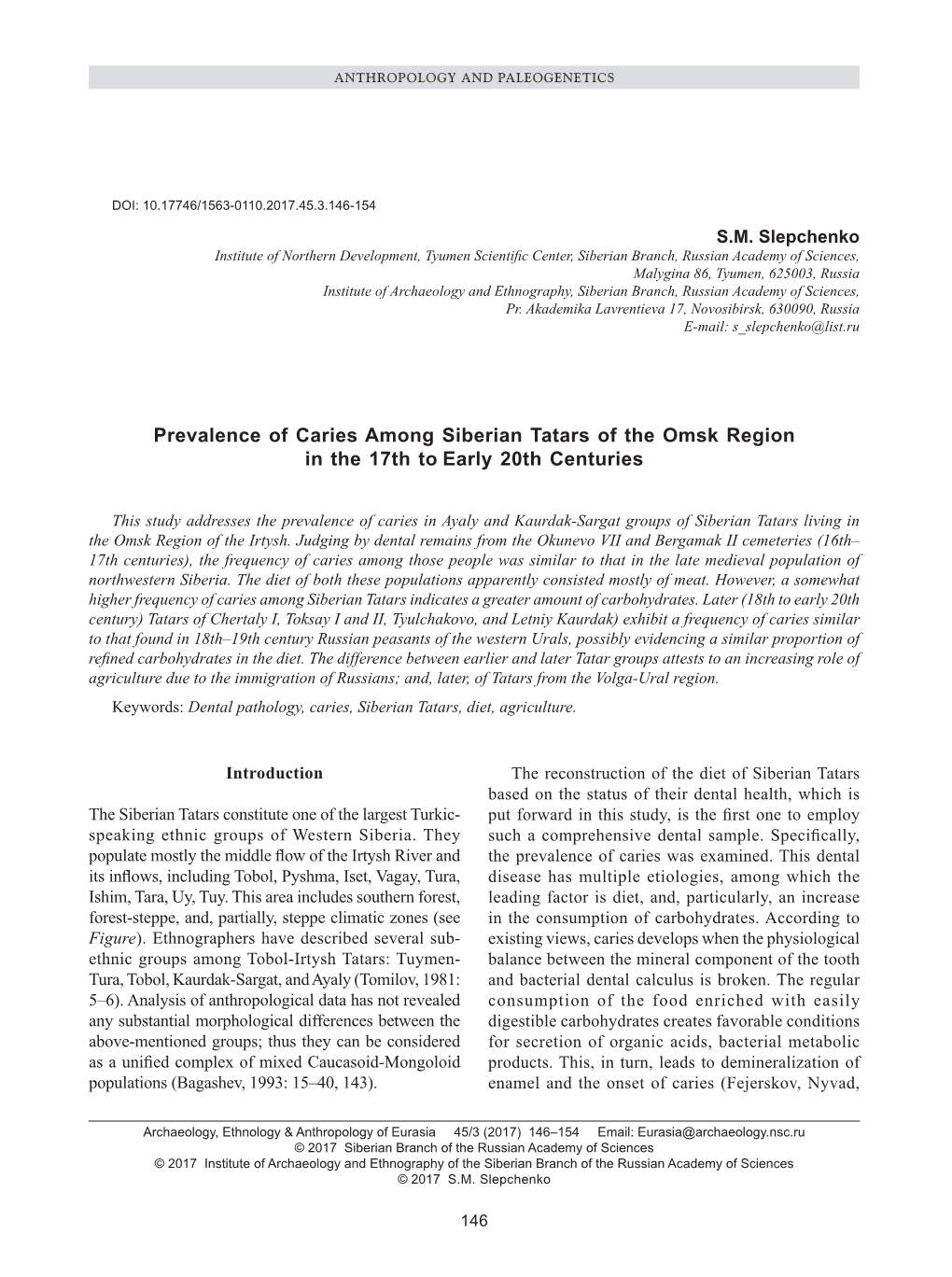 Prevalence of Caries Among Siberian Tatars of the Omsk Region in the 17Th to Early 20Th Centuries