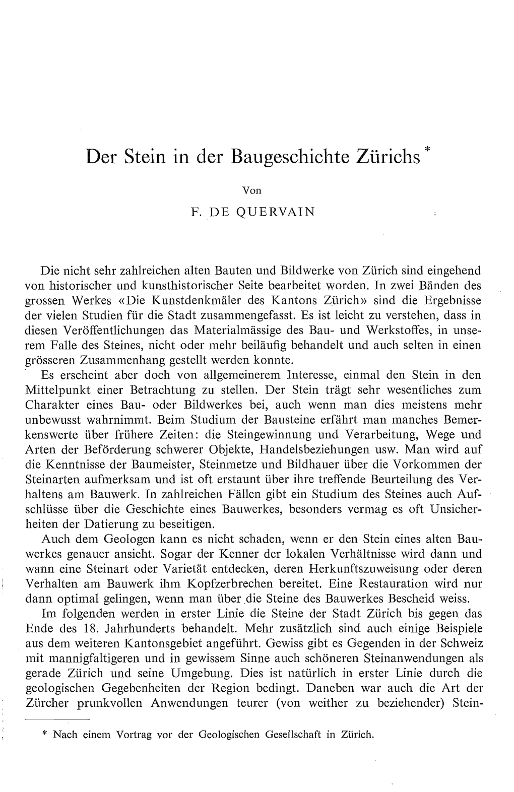 Der Stein in Der Baugeschichte Zürichs *