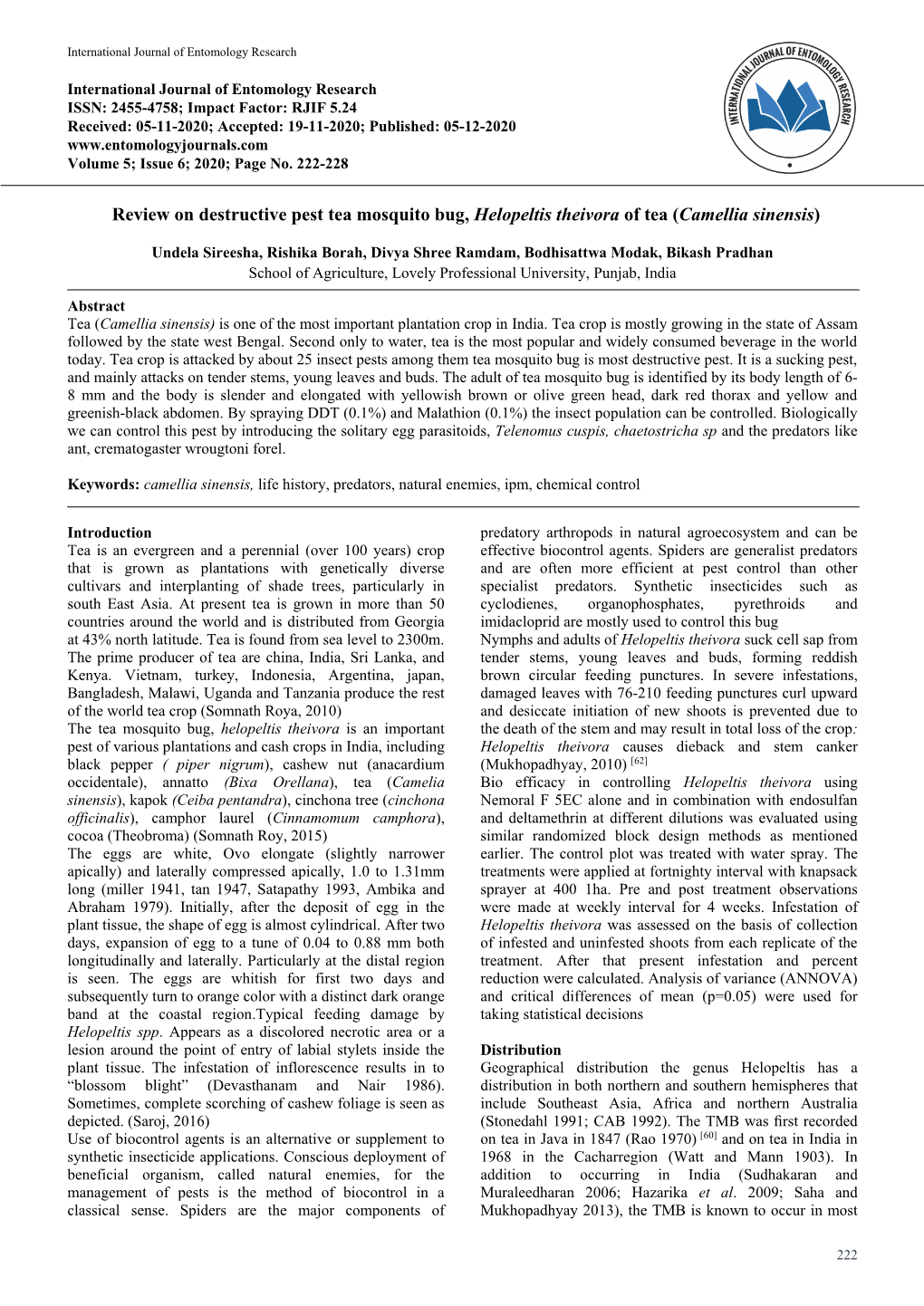 Review on Destructive Pest Tea Mosquito Bug, Helopeltis Theivora of Tea (Camellia Sinensis)