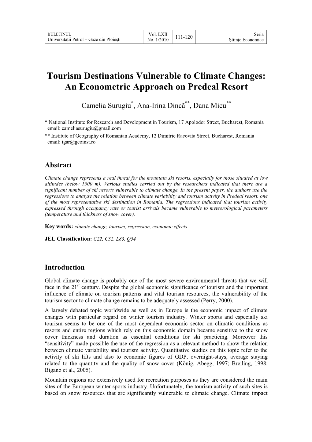 Tourism Destinations Vulnerable to Climate Changes: an Econometric Approach on Predeal Resort