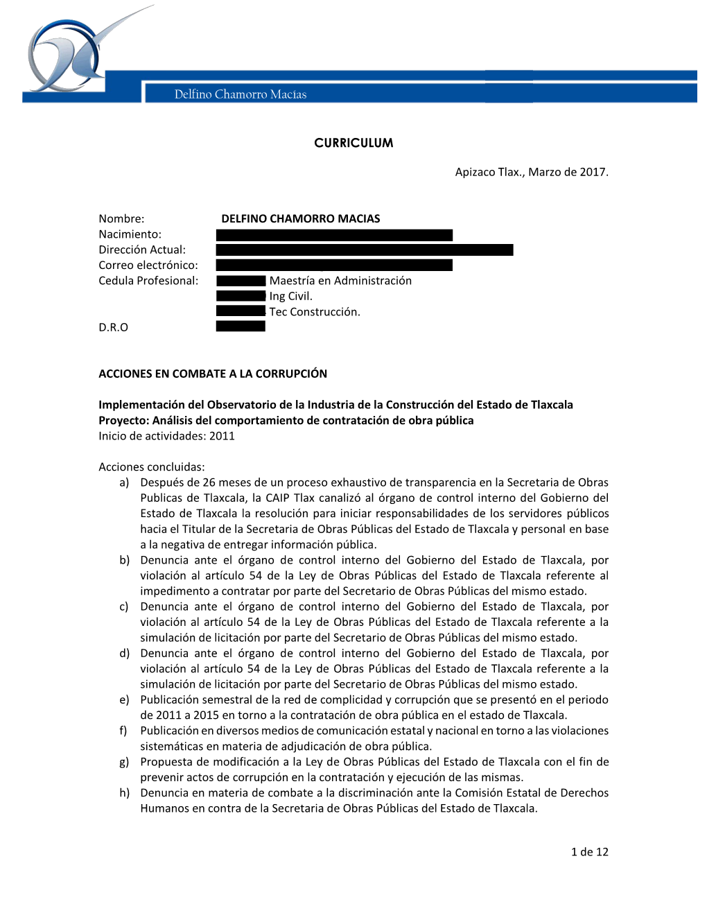 1 De 12 Delfino Chamorro Macías CURRICULUM Apizaco Tlax