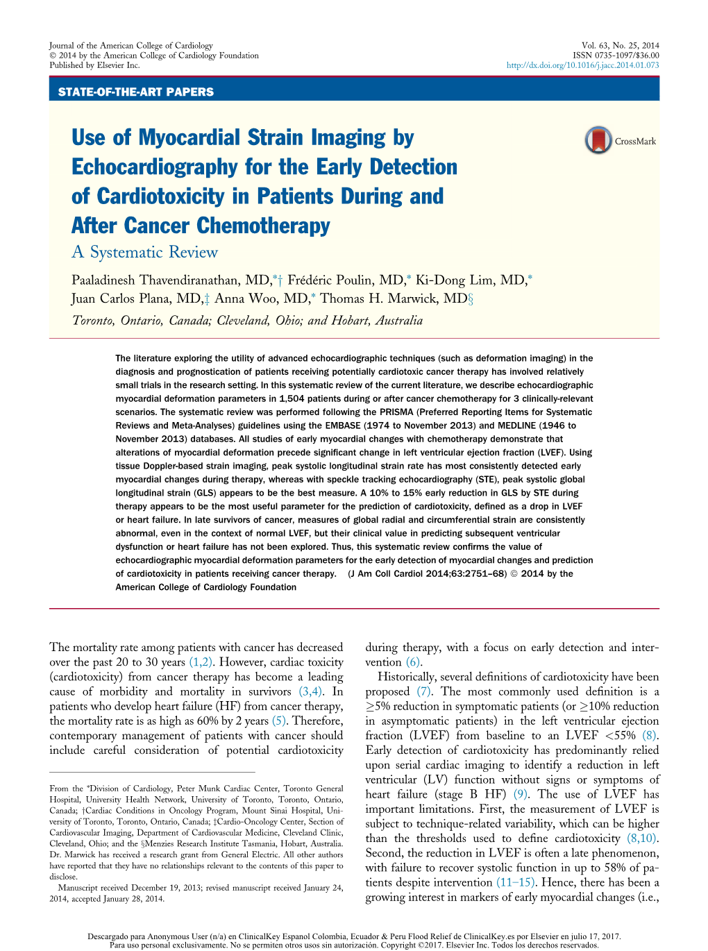 Use of Myocardial Strain Imaging by Echocardiography for the Early Detection of Cardiotoxicity in Patients During and After Canc