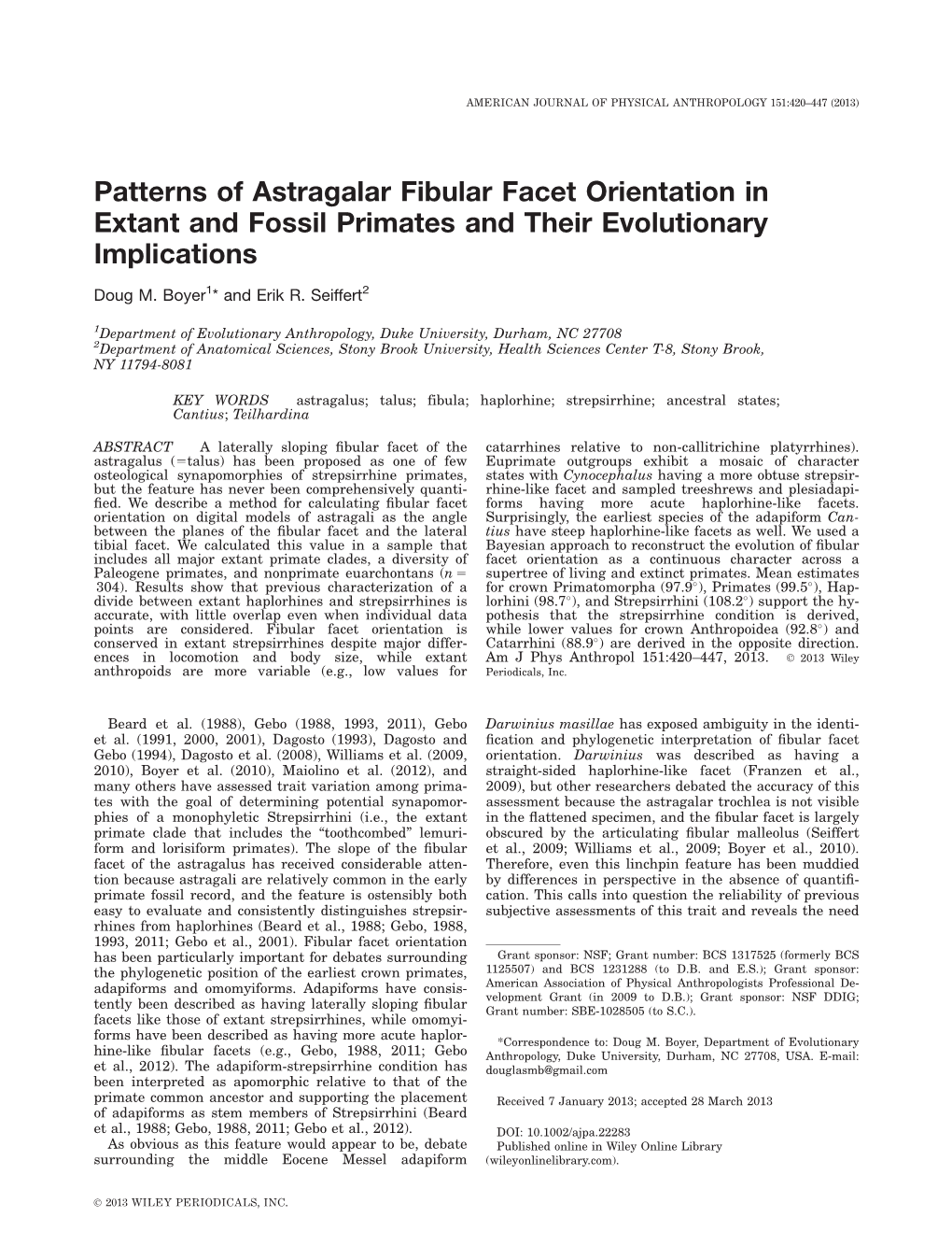 Patterns of Astragalar Fibular Facet Orientation in Extant and Fossil Primates and Their Evolutionary Implications