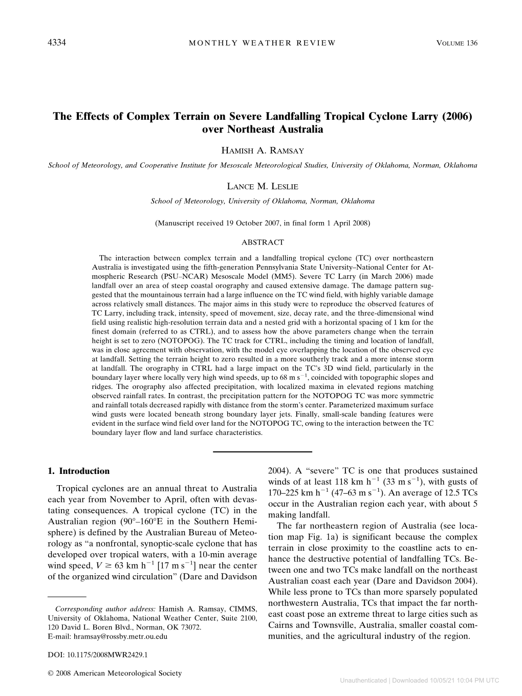 The Effects of Complex Terrain on Severe Landfalling Tropical Cyclone Larry (2006) Over Northeast Australia