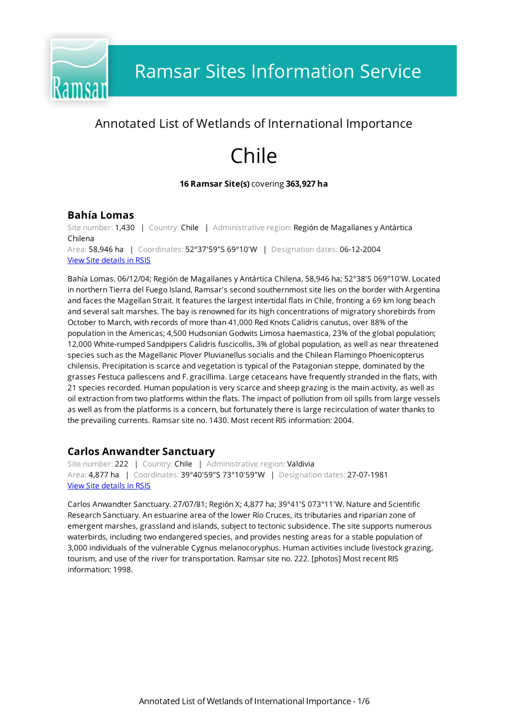 Annotated List of Wetlands of International Importance Chile