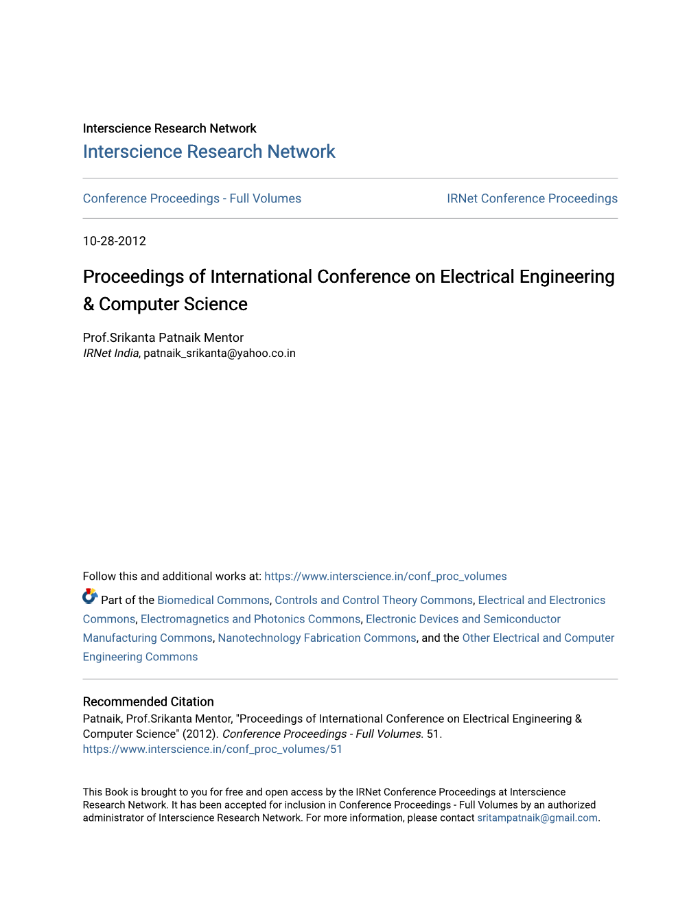 Proceedings of International Conference on Electrical Engineering & Computer Science